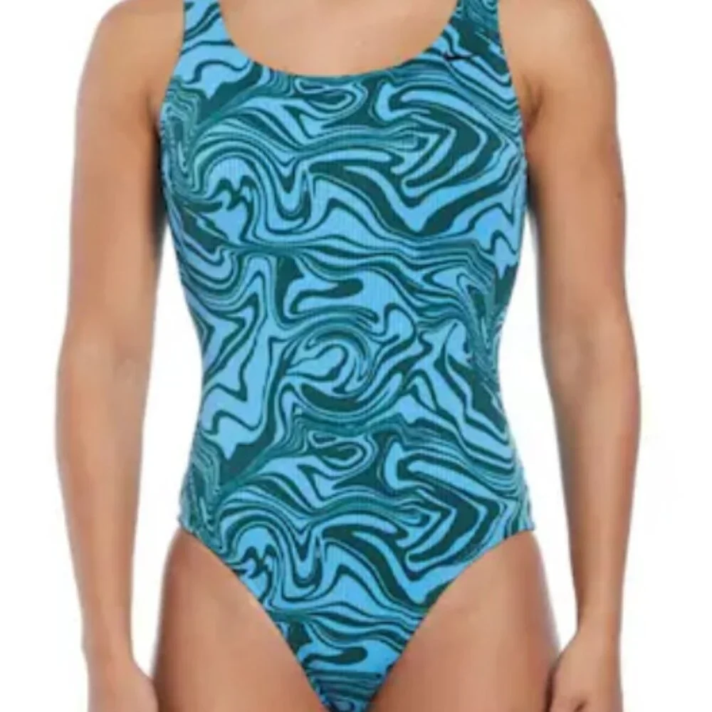 NIKE SWIM Women's Swirl Scoop Neck One-Piece Swimsuit in Green/Blue Sz MEDIUM - Picture 1 of 9